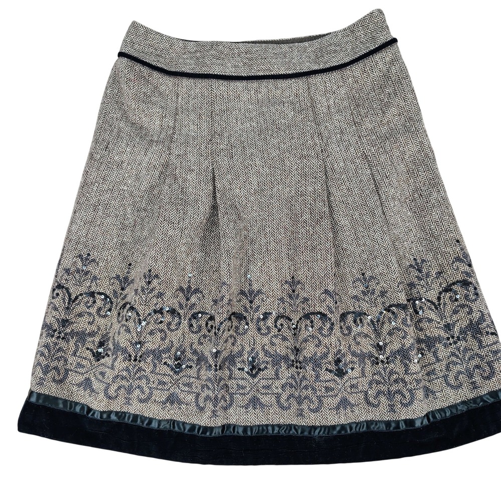 LOFT Womens 4P Herringbone A-Line Skirt Brown Wool Blend Sequin Velvet Academia